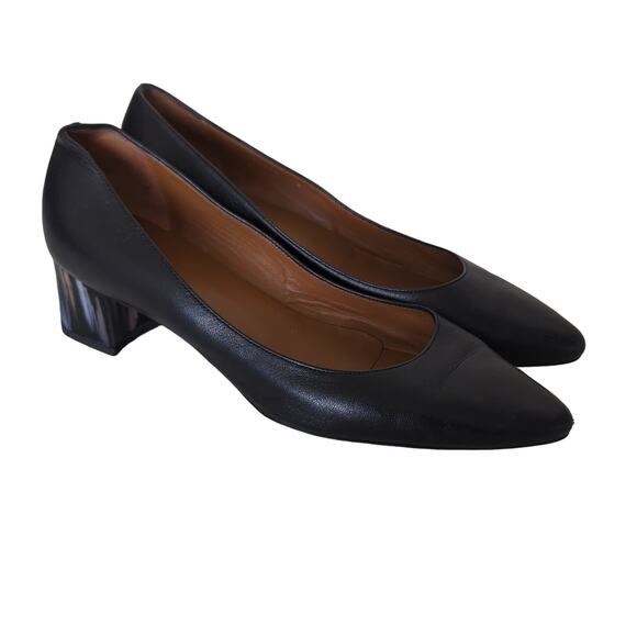 Aquatalia Pasha Heels 9 Made in Italy Black Block Heel Leather Pointed Toe Pumps - Picture 5 of 10